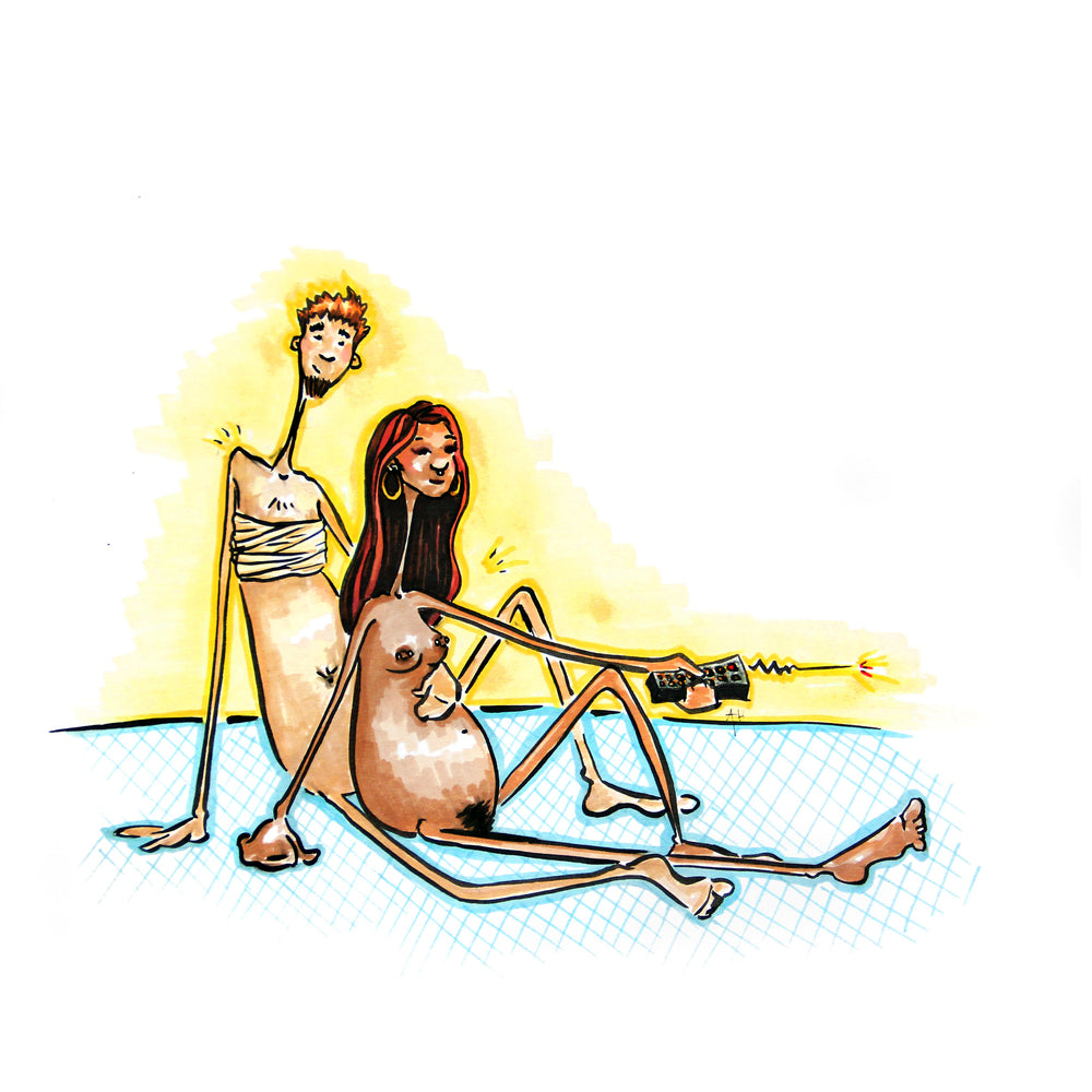Two nude lovers embrace as one presses a remote control button. One is wearing an ace bandage style chest binder.
