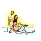 Two nude lovers embrace as one presses a remote control button. One is wearing an ace bandage style chest binder.