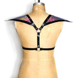 Black leather half suspender harness with silver hardware and mermaid leather triangle sholders, back view