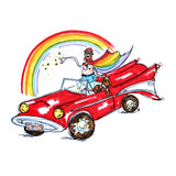 Two topless lovers ride in a 50’s style car in a pride parade. One is wearing a rainbow cape while a rainbow arcs over them.