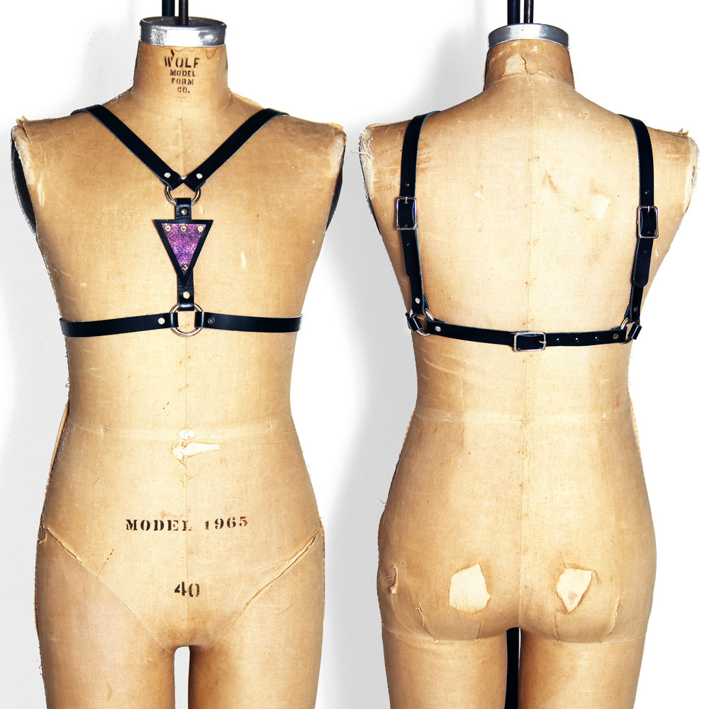 suspender harness with mermaid leather in front.