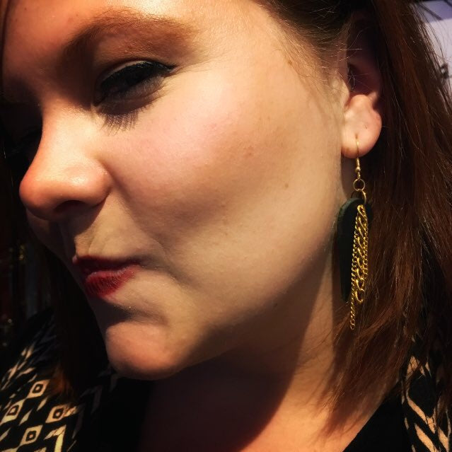 Black Leather & Gold Chain Earrings