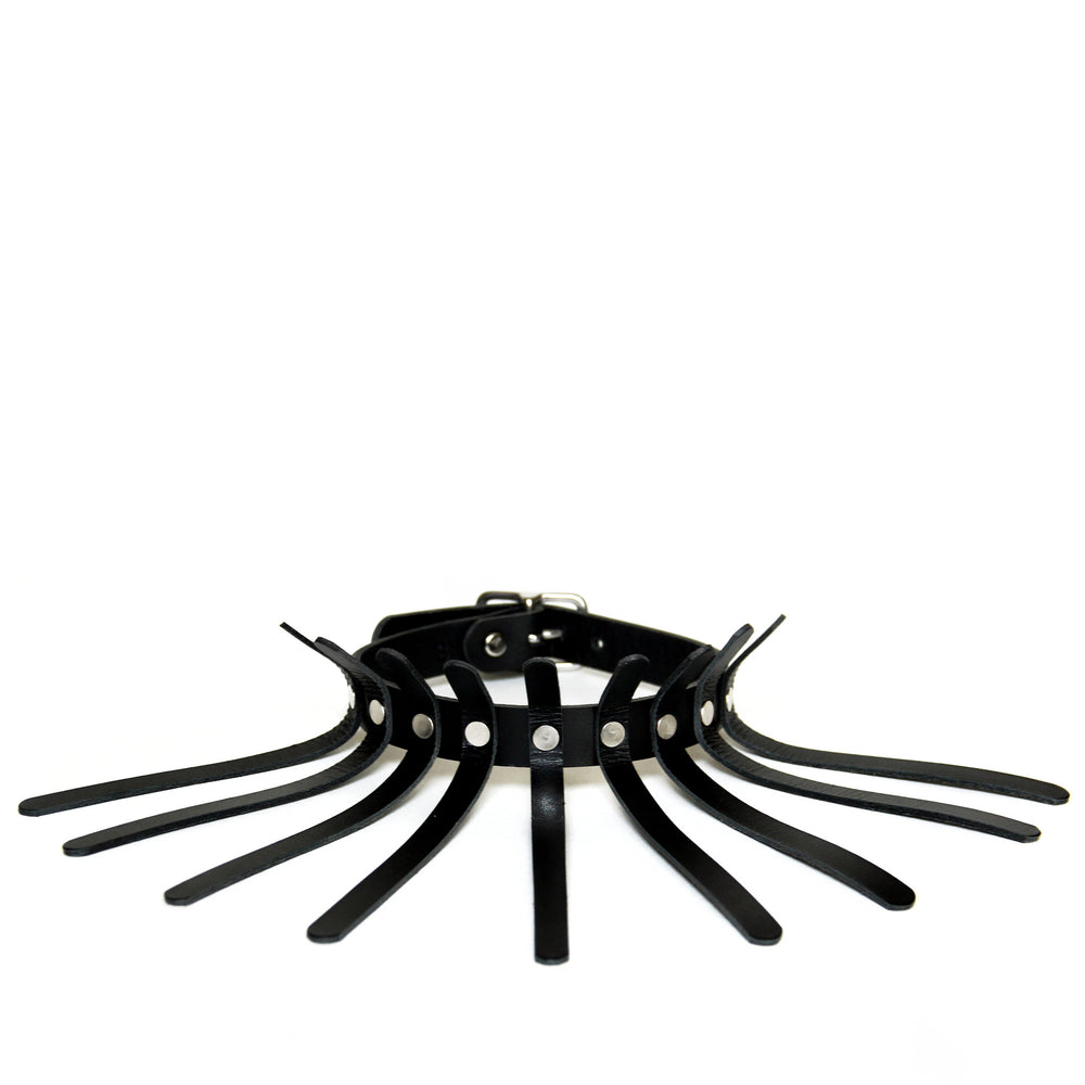 Black leather choker with nine thin spines coming off of the main choker base.