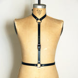 Front view of black leather Artifice body harness