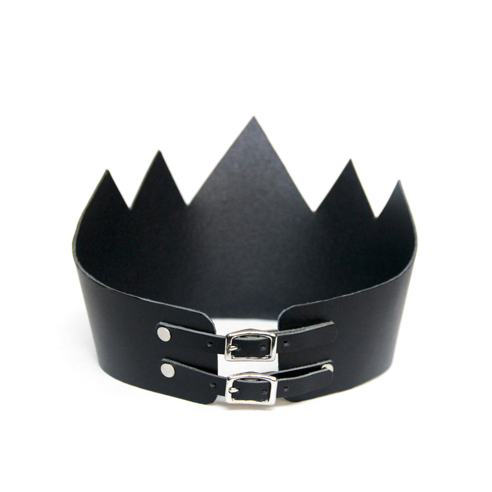 Black leather crown tall with double buckles, back view