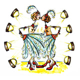 Two femme burlesque lovers on stage hide their lower bodies behind plumed fans while kissing. They wear red bejeweled costumes.