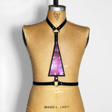 Black leather harness with upside down purple mermaid leather triangle in the center, front view
