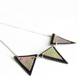 Trianthem Banner necklace, mermaid leather triangles, close angle view