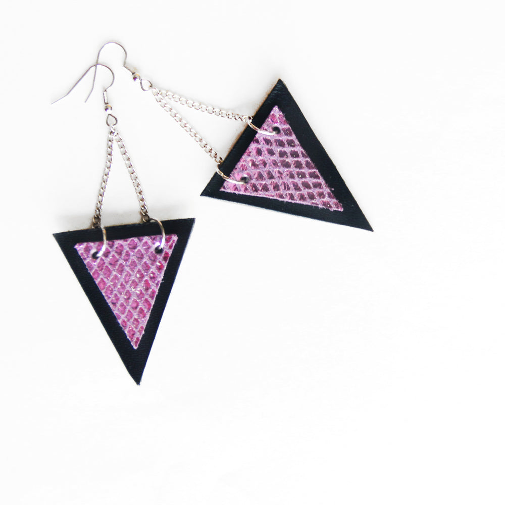 Trianthem earrings, triangle shaped mermaid leather earrings. 