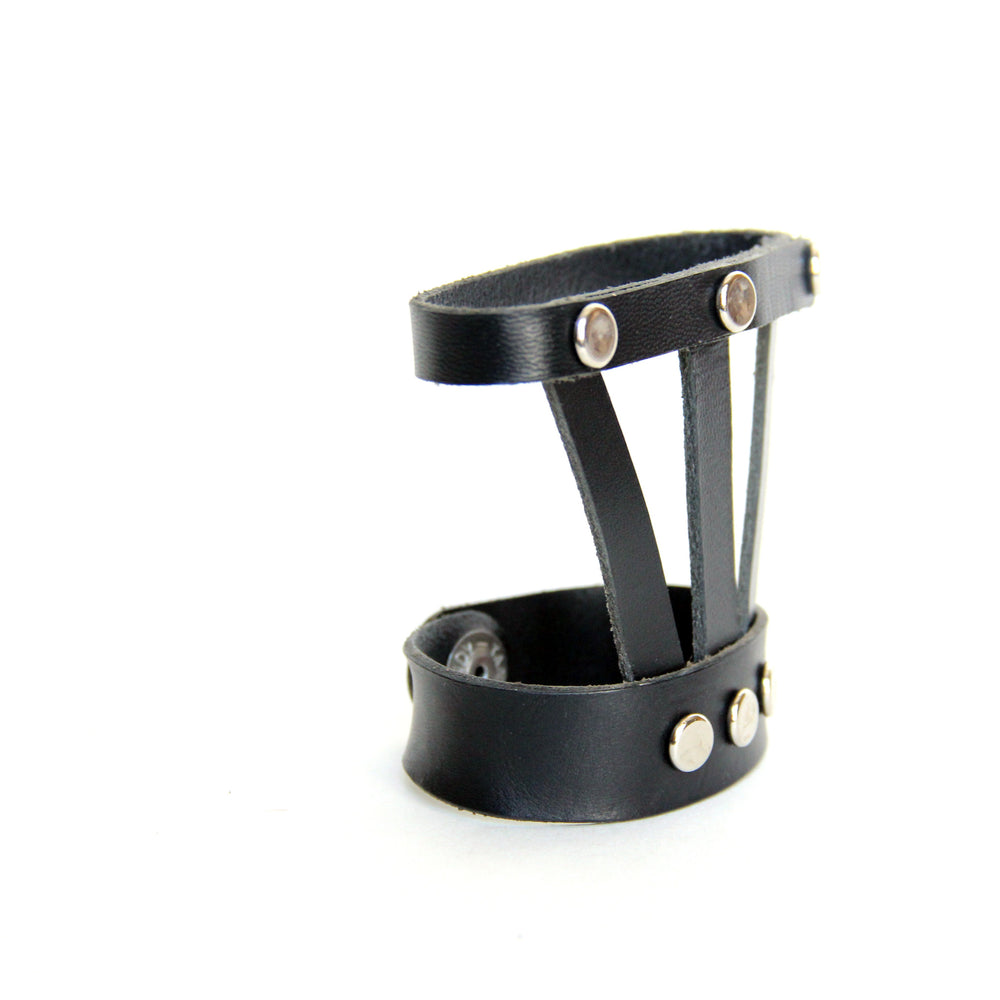 Black leather hand harness, side view