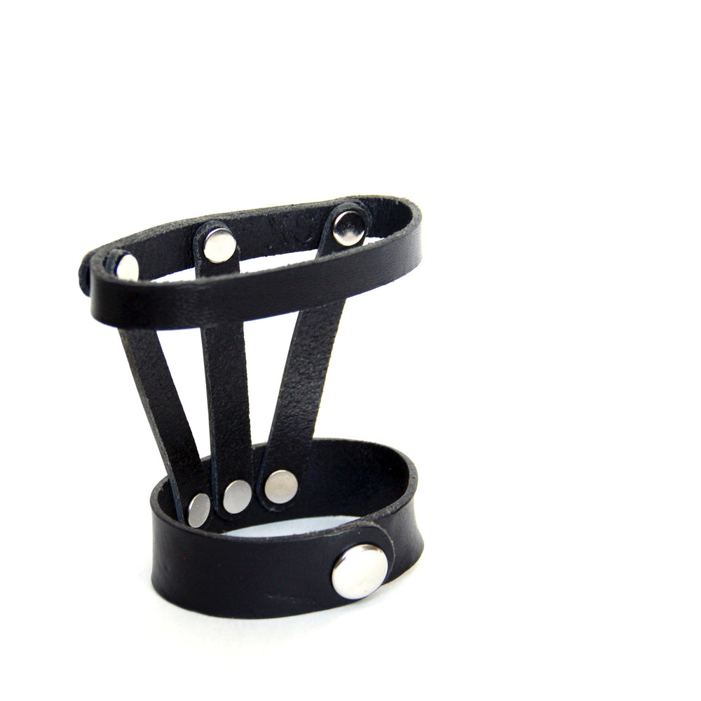 Black leather hand harness, palm view