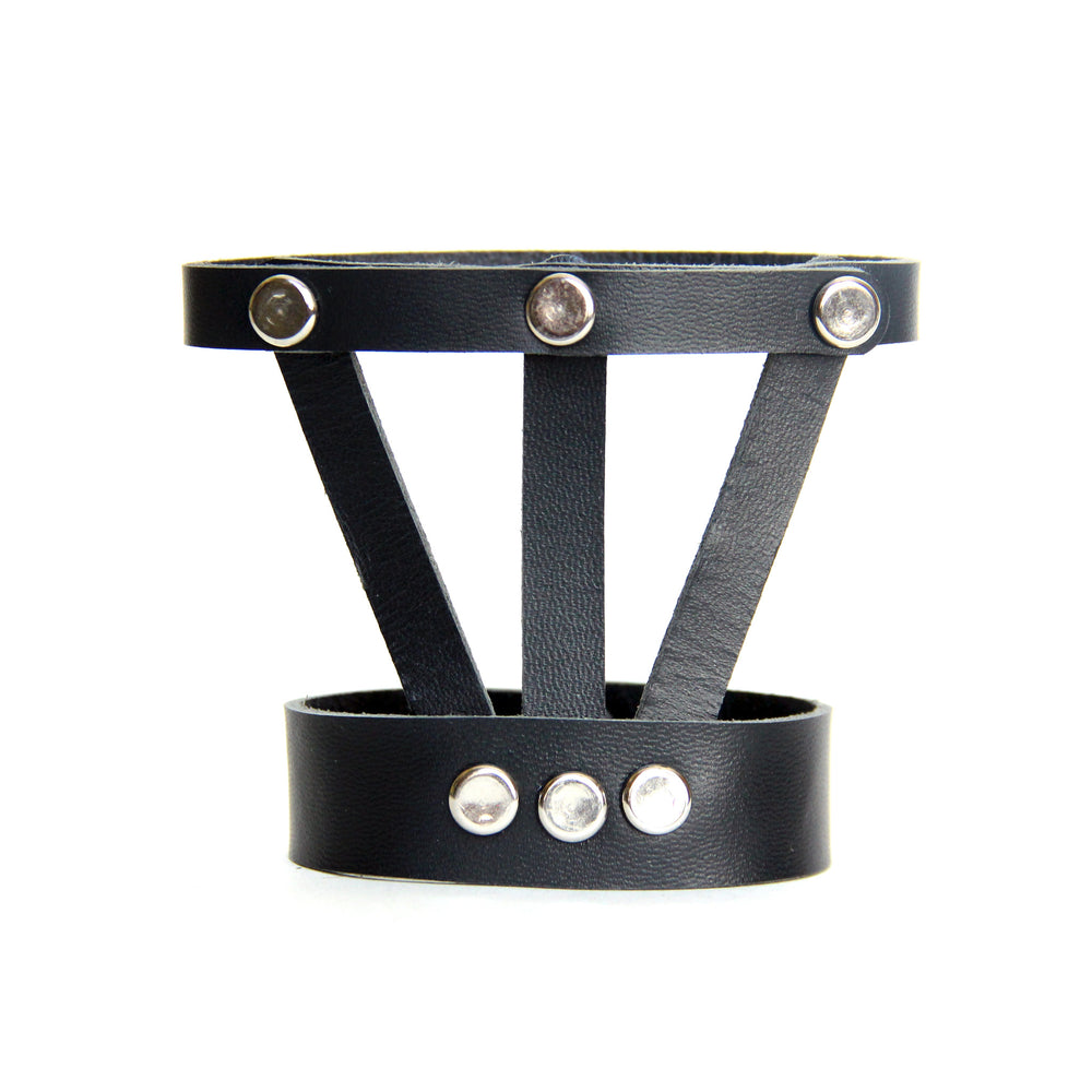 Black leather hand harness, front view