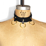 Dressform adorned with a black leather choker with three bright brass o-rings at the front.
