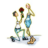 One lover is down on one knee to offer a bouquet of red roses to their blushing lover. They are both wearing denim and boots.