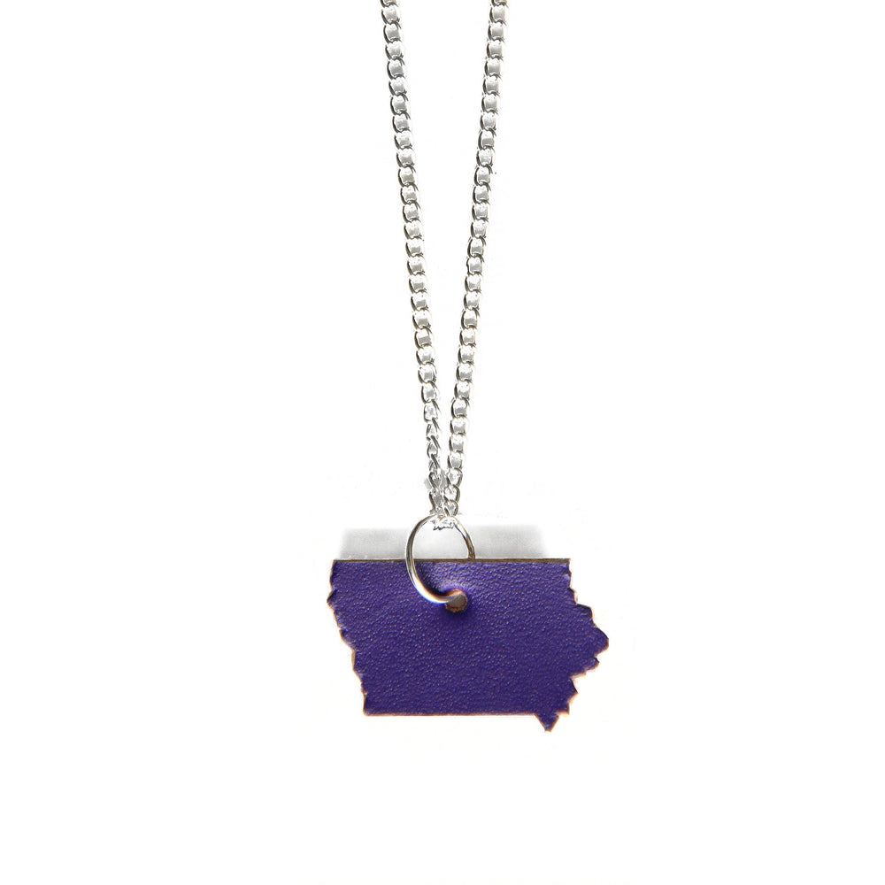 Purple leather Iowa shaped necklace
