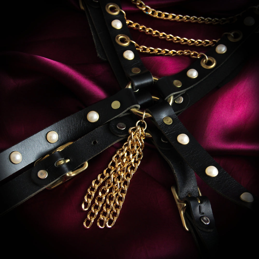 XX Harness with Gold Chains & Pearl Studs (sample)
